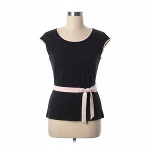 Vol.1 Blouse Large Pink Black Trim Bow Tie Top Cap Sleeve Y2K Preppy Pinup Retro